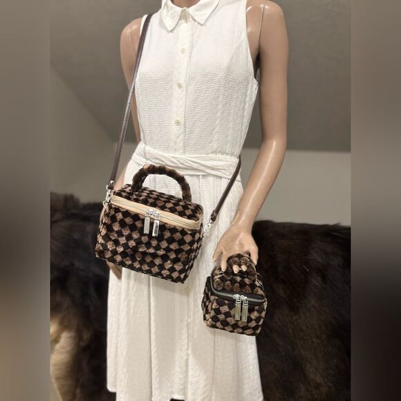 Checkerboard Real Shearling Leather Handmade Boxy Bag Set/Lamb Fur Crossbody Bag - Picture 2 of 16